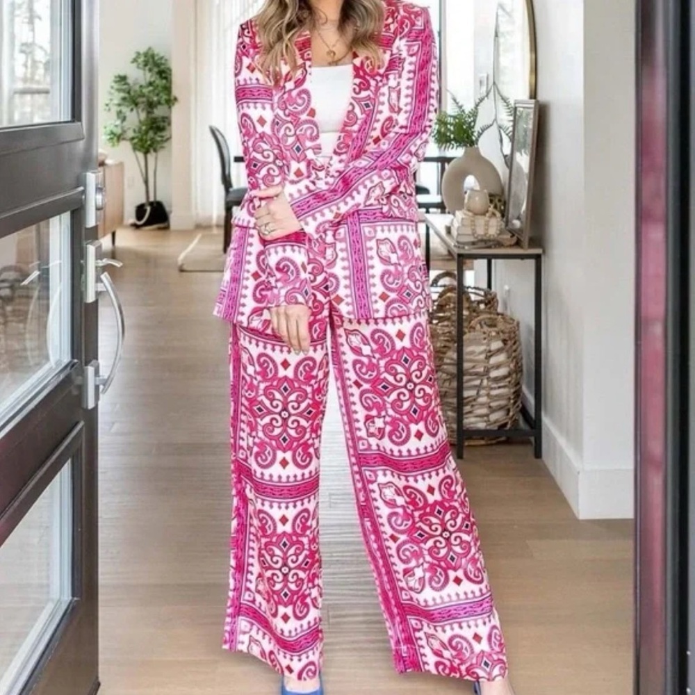 Alex & Parker Satin Printed Wide Leg Pants Pink Women’s Size M